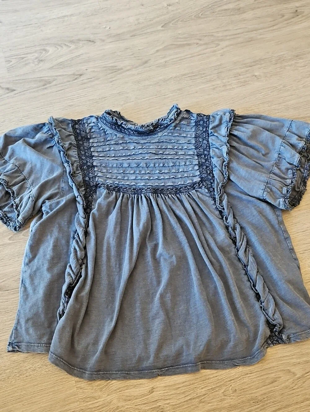 Women's Free People Blue Ruffle Lace Yoke Top